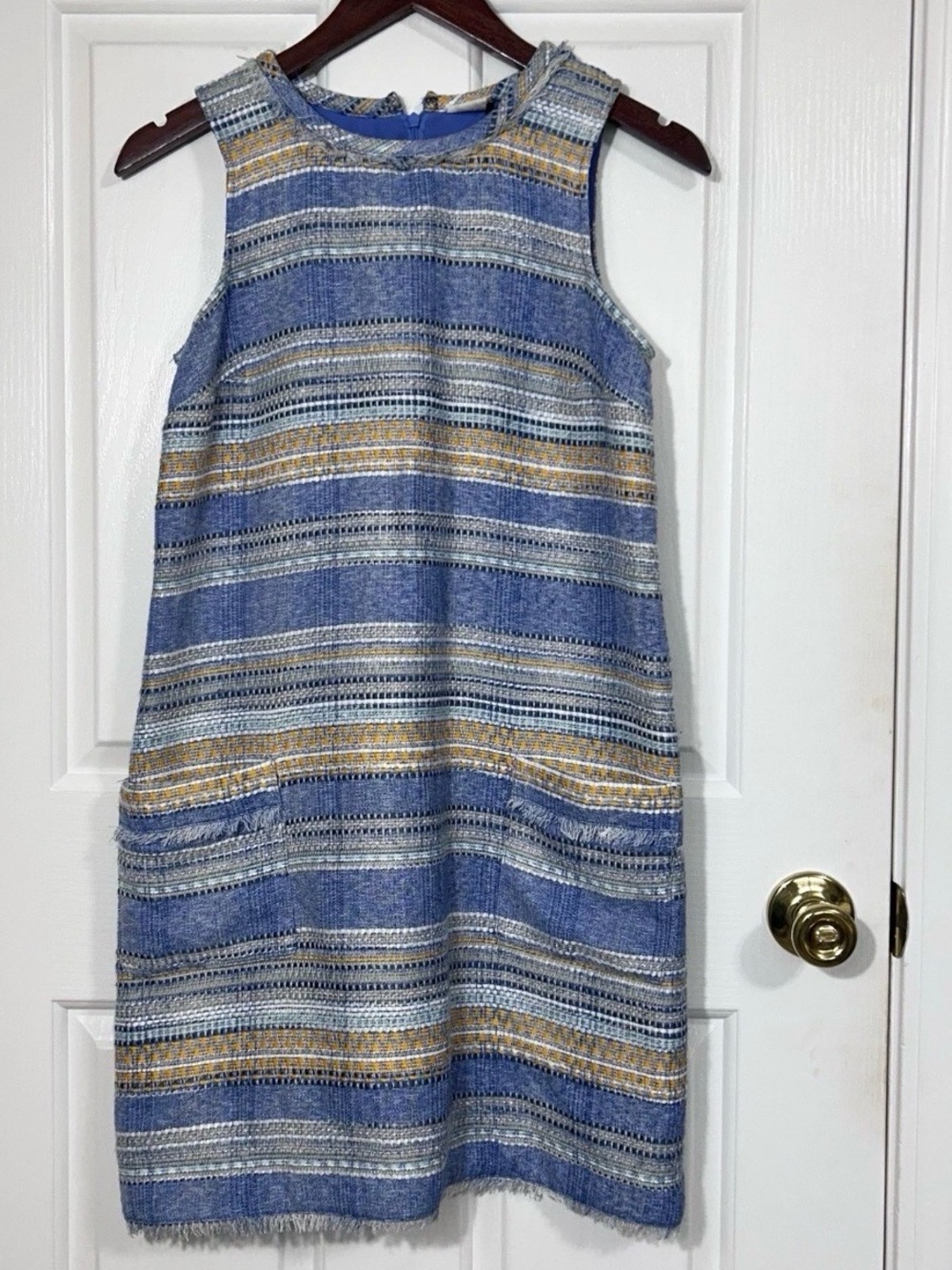 Anthropologie Akemi + Kin Blue Tweed Fringe Shift Dress Riviera Reverie Size S